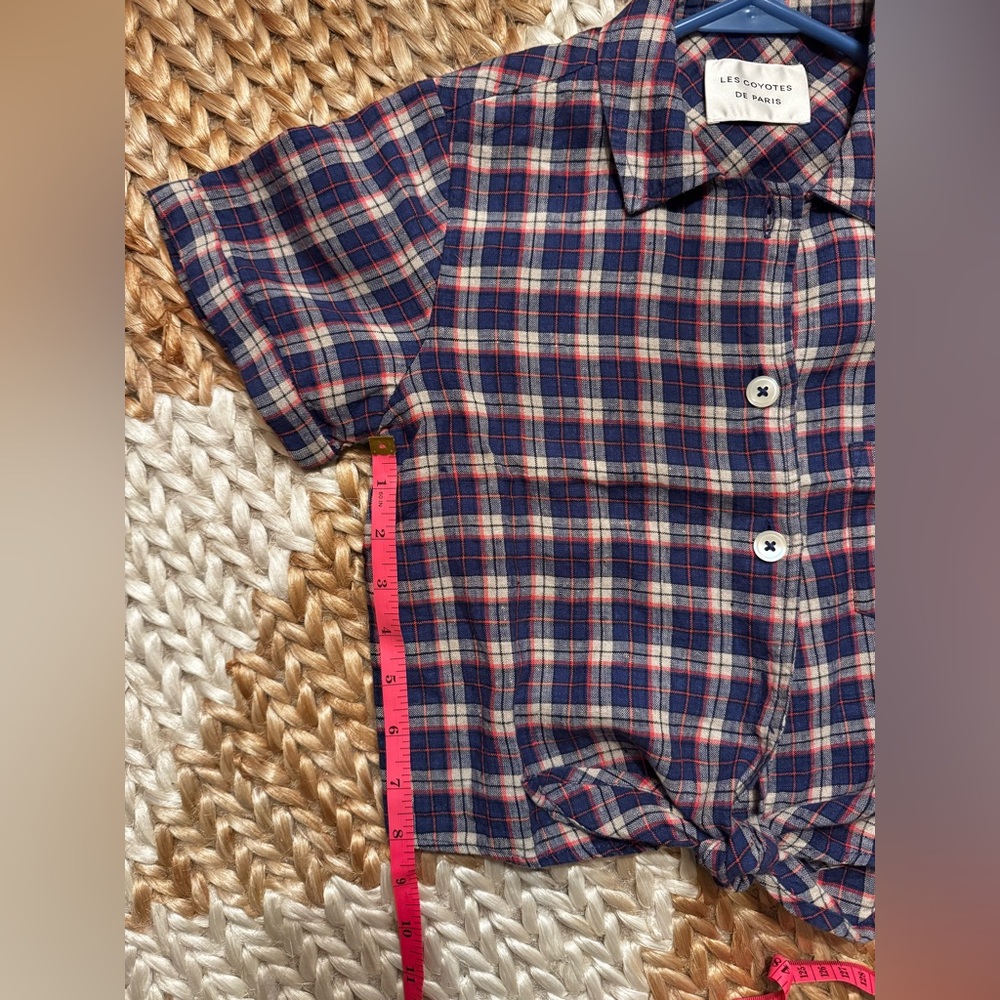 Les Coyotes Des Paris Plaid Linen Cropped Tie Front Shirt - Blue and Red, Small - Picture 5 of 7